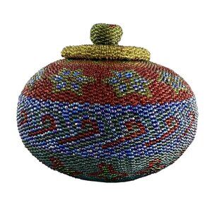 Beaded Lidded Basket Bali Rattan Folk Art Colorful Seed Beads 7” Boho
